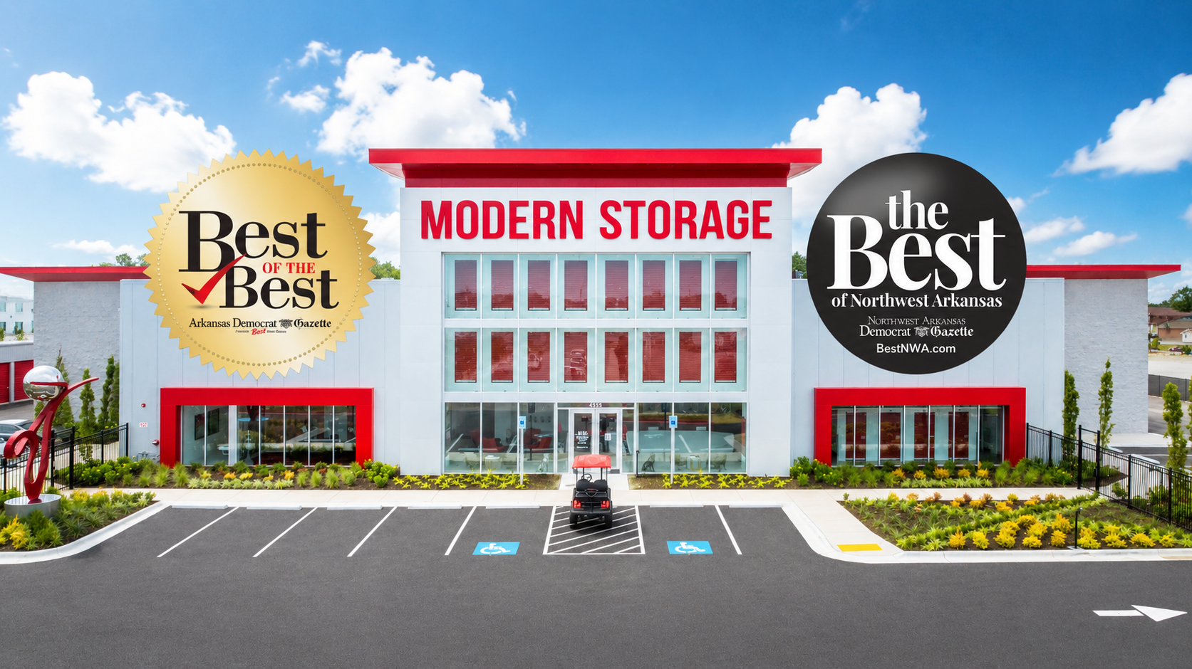 Modern Storage® Springdale Best of the Best Award Winner Exterior of a Modern Storage® facility featuring “Best of the Best” and “The Best of Northwest Arkansas” award badges